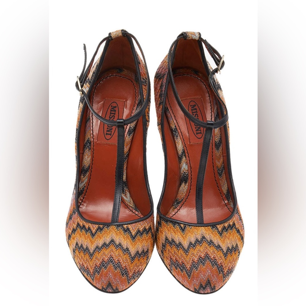 *NEW* Missoni Black/Orange Fabric And Leather Ankle T-Strap Pumps Size 37